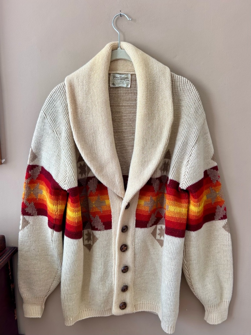 Pendleton Vintage 1970s Western Aztec Wool Shawl Collar Cardigan Sweater M - Picture 3 of 15